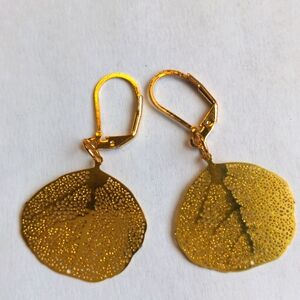 Gold Leaf Earrings, Drop Dangle 2 ". New Light Weight, Lazer Cut, Gold Plated